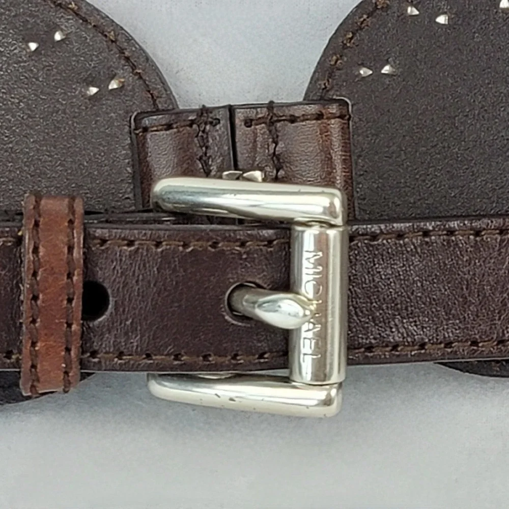 Michael Kors Womens Brown Leather Studded Disc Medallion Belt Large